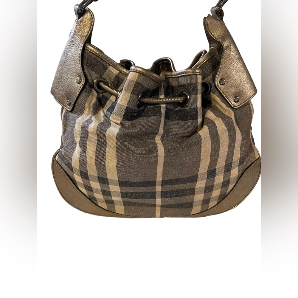 BURBERRY Metallic/Grey Beat Check Canvas and Leather Drawstring Hobo - Picture 5 of 11